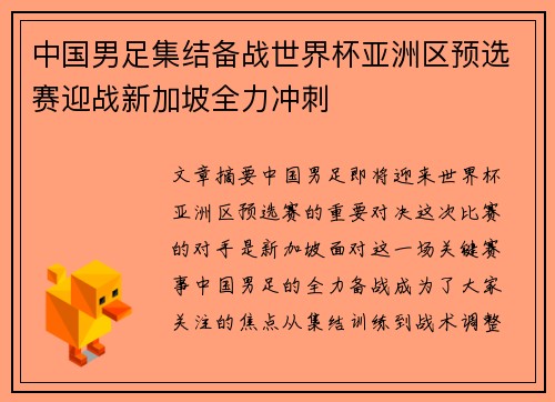 中国男足集结备战世界杯亚洲区预选赛迎战新加坡全力冲刺